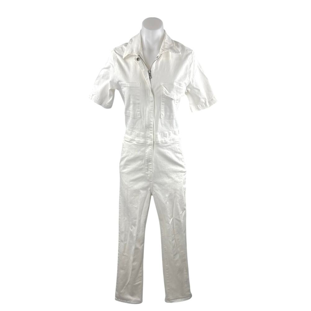 Rivet Utility Women's White Zip Up Short Sleeve Denim Jean Coverall Jumpsuit M